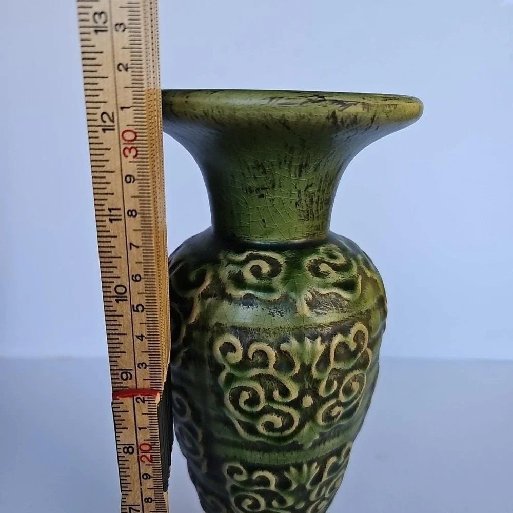 Vintage Pier 1 Imports Green Crackle Glaze Scroll Pillar Candle Holder 12